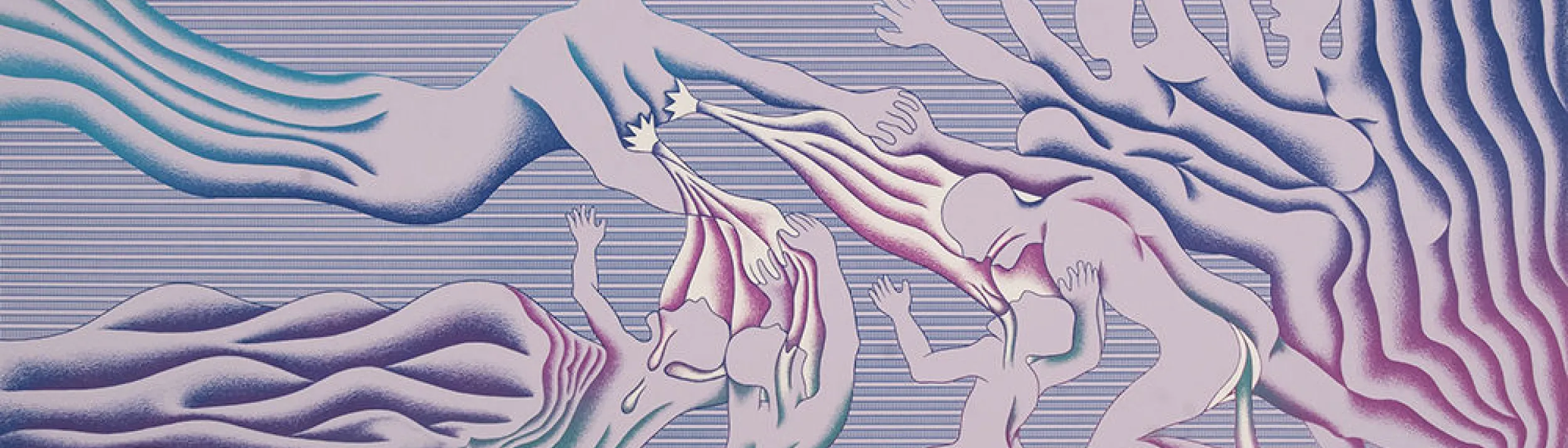 Silkscreen of faceless human figures floating, in purples greens and blues
