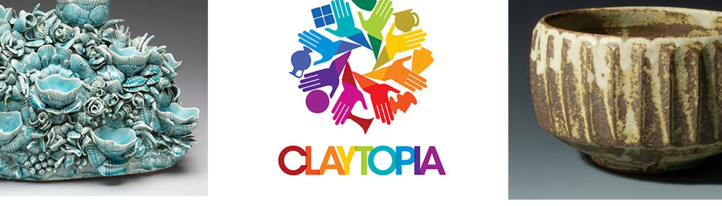 Colorful logo for Claytopia with examples of ceramic artwork on either side