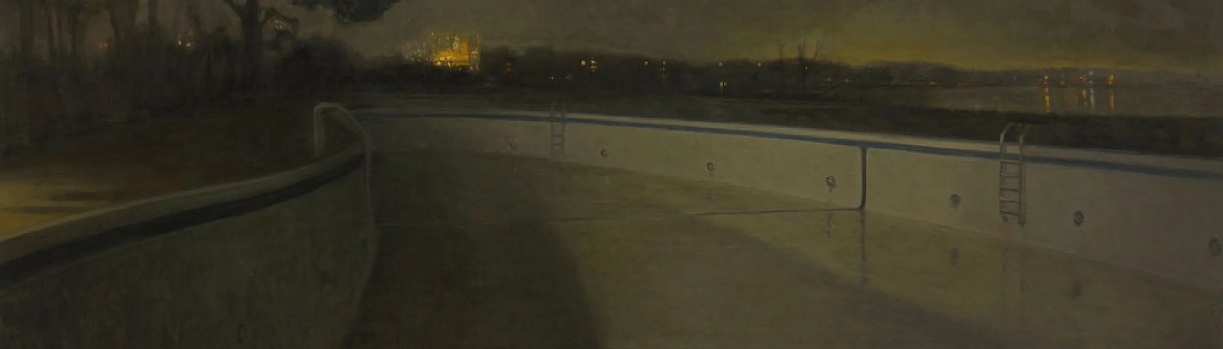 Empty outdoor swimming pool at night, with trees, cityscape, and lake in background