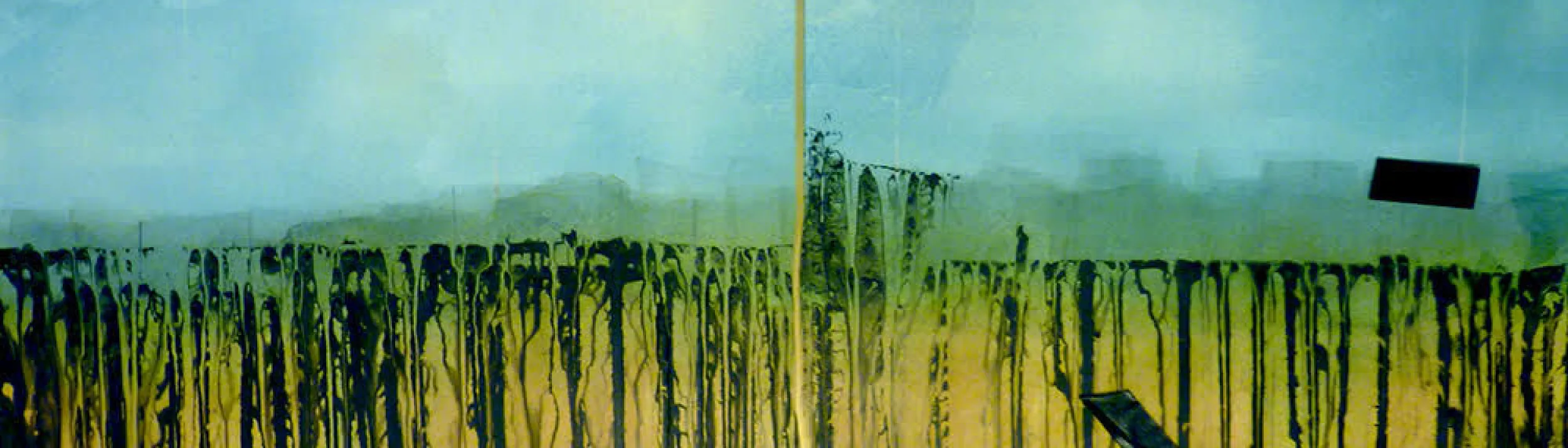 Abstract painting of yellow and black lines under a big blue sky