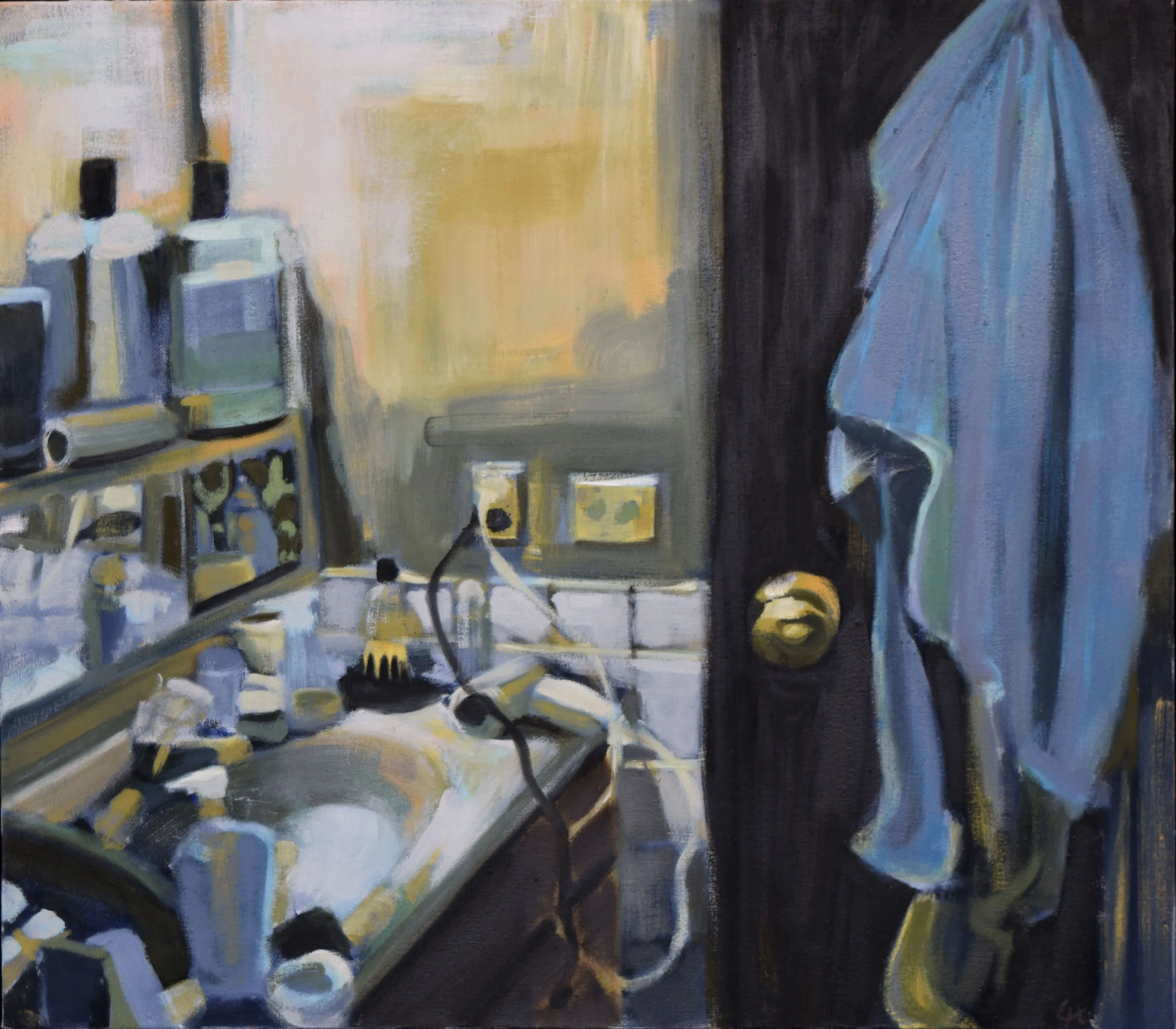 Painting of bathroom, sink vanity with hair dryer and many bottles and jars, blue garment hanging on door
