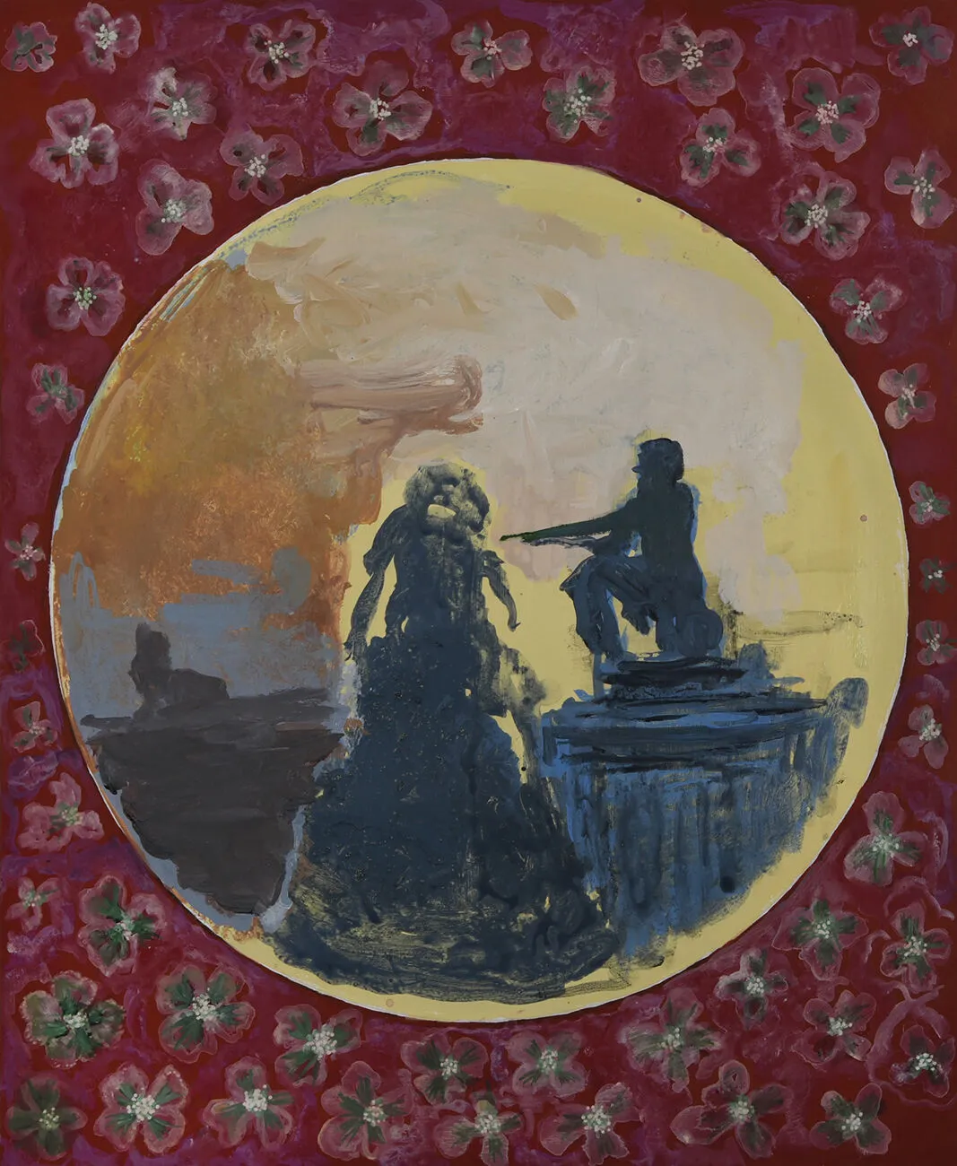 "Flowers can never be enough" - Rough painting of gun-holding figure on the lookout with a war-torn background