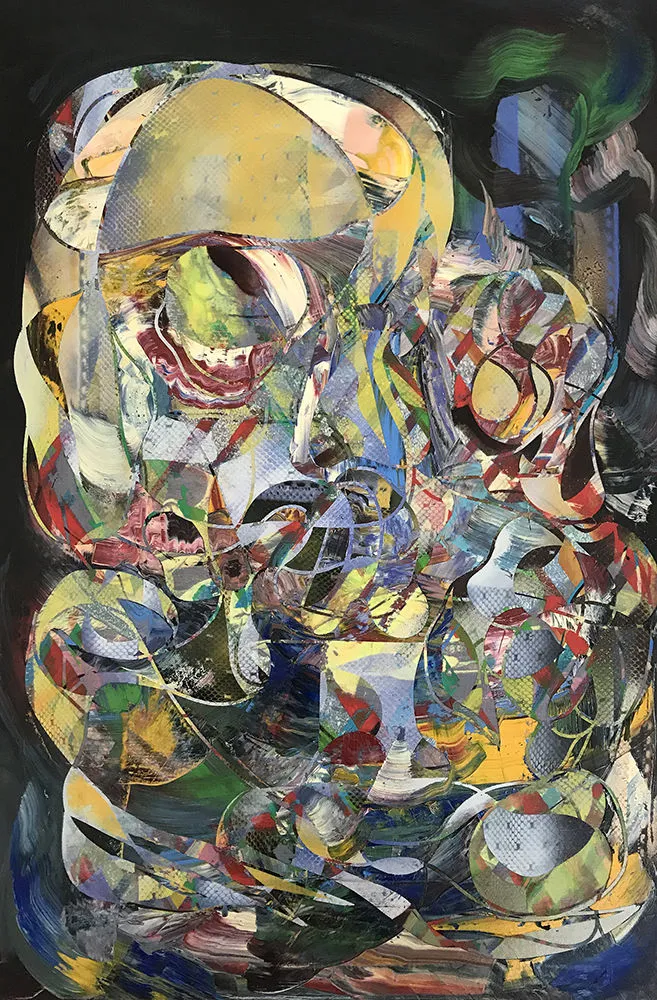 imberly Benson: Quest (Vanitas), 2017, oil and enamel on fabric on canvas, 36 x 24”