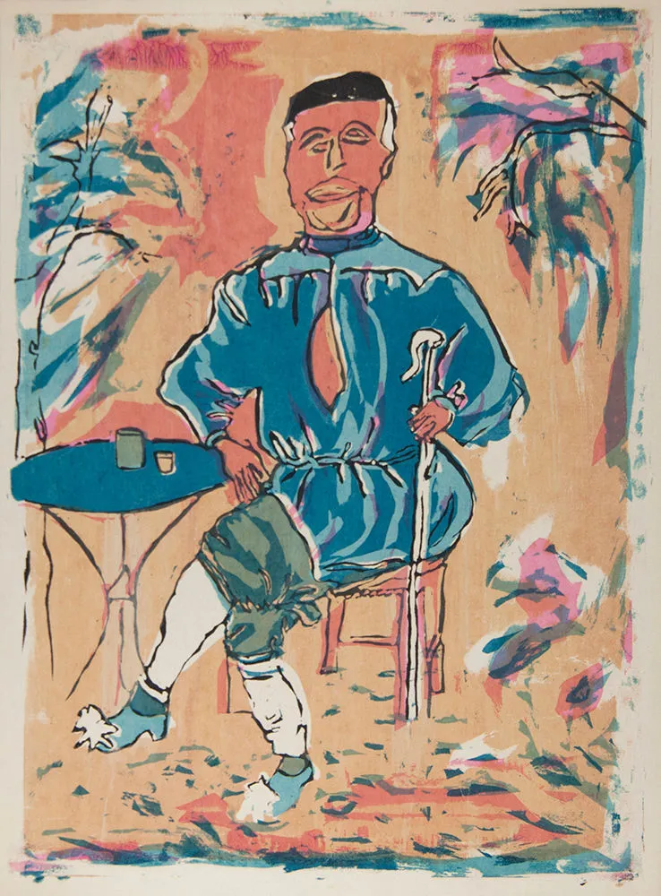 Painting of man in blue sitting at a cafe table