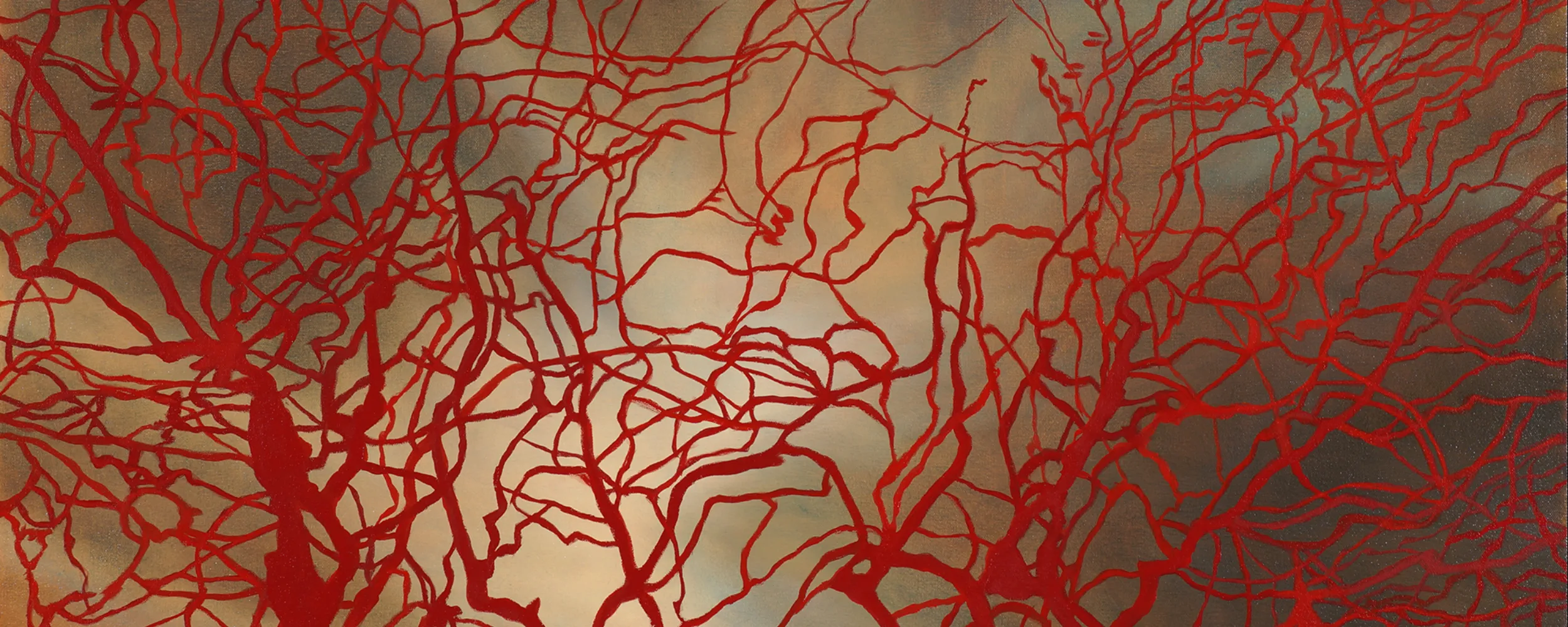Oil painting of red vein-like branches spreading out over a dark background